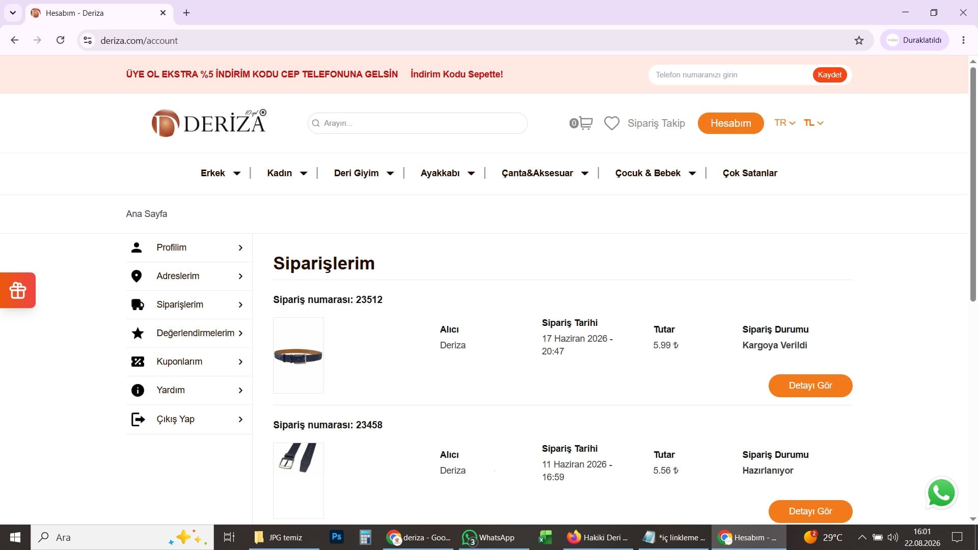 Deriza VIP Bayi Siparişlerim ekranı